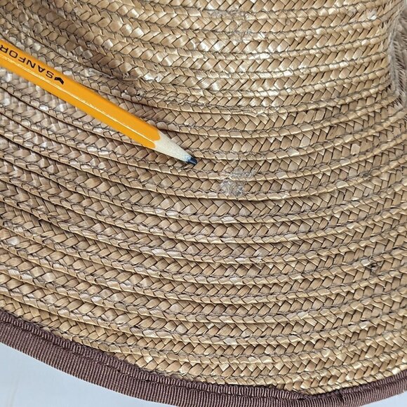 Vintage Liz Claiborne Straw Hat, High Low Brown Fabric Trim Sun Beach - Picture 4 of 9